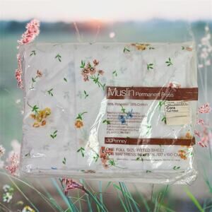 JCPenney NOS VTG Muslin White & Floral Print Cora Full Fitted Sheet In Package